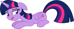 Size: 6000x2365 | Tagged: dead source, safe, artist:frikdikulous, artist:slb94, imported from derpibooru, twilight sparkle, alicorn, pony, bedroom eyes, female, folded wings, looking back, mare, open mouth, prone, simple background, solo, transparent background, twilight sparkle (alicorn), vector