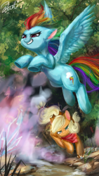 Size: 580x1031 | Tagged: artist needed, safe, imported from derpibooru, applejack, rainbow dash, earth pony, pegasus, pony, appledash, creek, epic, female, flying, lesbian, mare, running, shipping, signature, tree