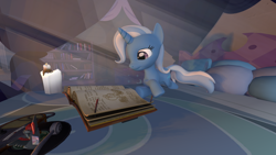 Size: 1920x1080 | Tagged: safe, artist:thesokol, imported from derpibooru, trixie, pony, unicorn, 3d, bed, book, candle, female, mare, pillow, reading, source filmmaker