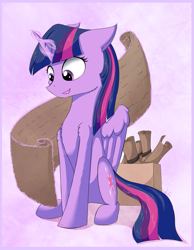 Size: 1371x1770 | Tagged: safe, artist:wolfypon, imported from derpibooru, twilight sparkle, alicorn, pony, box, chest fluff, female, magic, scroll, solo, twilight sparkle (alicorn)