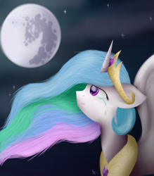 Size: 1024x1170 | Tagged: safe, artist:vanillashineart, imported from derpibooru, princess celestia, female, mare in the moon, moon, sad, solo