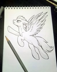 Size: 478x604 | Tagged: safe, artist:dragonataxia, imported from derpibooru, lightning dust, pegasus, pony, female, flying, monochrome, solo, traditional art