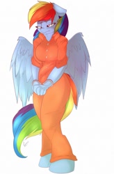 Size: 842x1280 | Tagged: safe, artist:evange, imported from derpibooru, rainbow dash, anthro, unguligrade anthro, clothes, cuffs, female, prison outfit, prisoner, prisoner rd, sad, solo