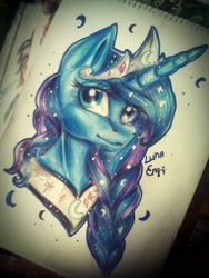 Size: 1200x1600 | Tagged: safe, artist:enjal, imported from derpibooru, princess luna, alicorn, pony, braid, bust, female, mare, portrait, solo, traditional art