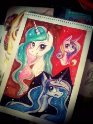 Size: 1200x1600 | Tagged: safe, artist:enjal, imported from derpibooru, princess cadance, princess celestia, princess luna, bust, portrait, traditional art
