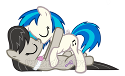 Size: 1023x617 | Tagged: safe, artist:splender-fire, imported from derpibooru, dj pon-3, octavia melody, vinyl scratch, earth pony, pony, unicorn, duo, eyes closed, female, kiss on the lips, kissing, lesbian, mare, on top, scratchtavia, shipping, simple background, transparent background, watermark