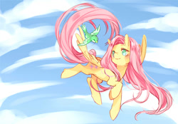 Size: 1382x964 | Tagged: safe, artist:egg-tartbunny, imported from derpibooru, fluttershy, bird, pegasus, pony, blushing, cloud, cute, female, flying, mare, shyabetes, sky, solo, spread wings, wings