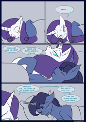 Size: 850x1200 | Tagged: safe, artist:kanashiipanda, imported from derpibooru, night light, rarity, comic:royal business trip, adultery, bed, blushing, comic, infidelity, sleeping