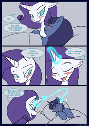 Size: 850x1200 | Tagged: safe, artist:kanashiipanda, imported from derpibooru, night light, rarity, comic:royal business trip, adultery, bed, blushing, comic, infidelity, magic, sleeping