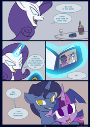 Size: 850x1200 | Tagged: safe, artist:kanashiipanda, imported from derpibooru, night light, rarity, twilight sparkle, twilight velvet, alicorn, pony, comic:royal business trip, alcohol, comic, evil, evil grin, magic, sneer, telekinesis, twilight sparkle (alicorn), wallet, wine, wine glass