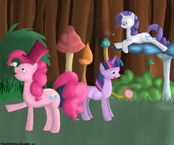 Size: 3000x2500 | Tagged: safe, artist:stacheldrahtzaun, imported from derpibooru, pinkie pie, rarity, twilight sparkle, earth pony, pony, unicorn, alice in wonderland, cup, female, forest, hat, magic, mare, micro, monocle, mushroom, pocket watch, smoking, teacup, telekinesis, top hat, trio, unicorn twilight