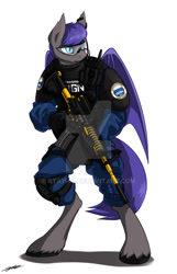 Size: 600x933 | Tagged: safe, artist:gasmaskfox, imported from derpibooru, oc, oc only, oc:au hasard, anthro, bat pony, unguligrade anthro, counter-strike, counter-strike: global offensive, gign, gun, rifle, solo, unshorn fetlocks, watermark, weapon