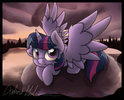 Size: 2100x1700 | Tagged: safe, artist:nerow94, imported from derpibooru, twilight sparkle, alicorn, pony, :3, cloud, cute, female, floppy ears, forest, looking at you, mare, on a cloud, prone, smiling, solo, spread wings, twiabetes, twilight (astronomy), twilight sparkle (alicorn), wings