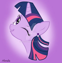 Size: 900x923 | Tagged: safe, artist:alexala, imported from derpibooru, twilight sparkle, bedroom eyes, ear piercing, earring, female, jewelry, piercing, solo, watermark, wink