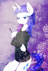 Size: 477x700 | Tagged: safe, artist:divided-s, imported from derpibooru, rarity, semi-anthro, unguligrade anthro, unicorn, cigarette, cigarette holder, clothes, female, lidded eyes, mare, smoking, solo, sweater