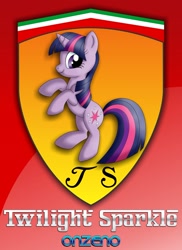 Size: 1000x1373 | Tagged: safe, artist:onzeno, imported from derpibooru, twilight sparkle, female, ferrari, logo, rearing, solo