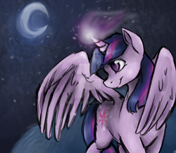 Size: 1024x887 | Tagged: safe, artist:ressq, imported from derpibooru, twilight sparkle, alicorn, pony, female, moon, night, smiling, solo, twilight sparkle (alicorn), watermark