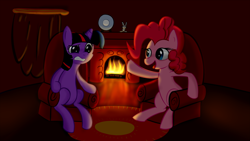 Size: 1920x1080 | Tagged: safe, artist:lomeo, imported from derpibooru, pinkie pie, twilight sparkle, pony, duo, fireplace, sitting