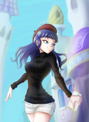 Size: 571x784 | Tagged: safe, artist:the-park, deleted from derpibooru, imported from derpibooru, rarity, human, beatnik rarity, beret, canterlot, clothes, hat, humanized, shorts, solo, sweater