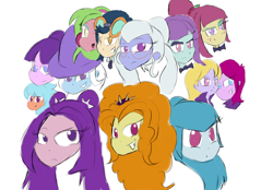 Size: 1024x714 | Tagged: safe, artist:mildockart, imported from derpibooru, adagio dazzle, aria blaze, frosty orange, fuchsia blush, indigo zap, lavender lace, lemon zest, sonata dusk, sour sweet, starlight glimmer, sugarcoat, sunny flare, trixie, equestria girls, background human, bust, crystal prep shadowbolts, female, headphones, simple background, the dazzlings, trixie and the illusions, white background