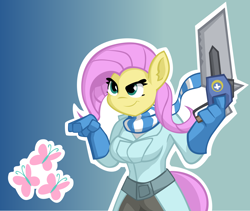 Size: 5096x4299 | Tagged: safe, artist:cloudi-nexik, imported from derpibooru, fluttershy, anthro, absurd resolution, amputator, clothes, crossover, female, fluttermedic, medic, parody, scarf, solo, team fortress 2, weapon