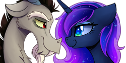 Size: 1500x750 | Tagged: safe, artist:elementalokami, imported from derpibooru, discord, princess luna, bust, female, floppy ears, looking at each other, lunacord, male, portrait, shipping, simple background, smiling, straight, transparent background