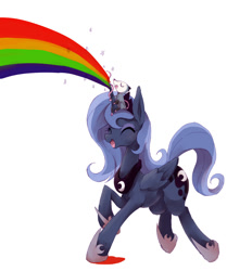 Size: 800x957 | Tagged: safe, artist:kolshica, imported from derpibooru, princess luna, tiberius, alicorn, opossum, pony, cute, eyes closed, happy, open mouth, rainbow, raised hoof, s1 luna, simple background, smiling, white, white background