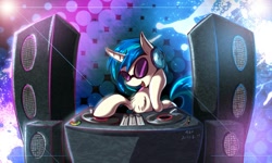 Size: 1333x800 | Tagged: safe, artist:980, artist:l8lhh8086, imported from derpibooru, dj pon-3, vinyl scratch, pony, chest fluff, female, pixiv, solo, speaker, speakers, turntable