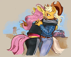 Size: 1280x1024 | Tagged: safe, artist:spectralunicorn, imported from derpibooru, applejack, fluttershy, anthro, appleshy, clothes, female, hug, jeans, lesbian, pants, shipping, tracksuit, train