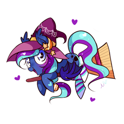 Size: 1200x1200 | Tagged: safe, artist:ipun, imported from derpibooru, oc, oc only, oc:witch hunt, bat pony, pony, broom, clothes, ear fluff, flying, flying broomstick, hat, heart, heart eyes, looking at you, open mouth, simple background, smiling, socks, solo, striped socks, white background, wingding eyes