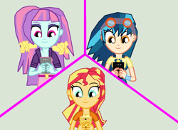 Size: 1024x749 | Tagged: safe, artist:pizzasister, imported from derpibooru, indigo zap, sunny flare, sunset shimmer, equestria girls, friendship games, alternate universe