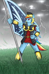 Size: 3600x5400 | Tagged: safe, artist:10art1, imported from derpibooru, commander hurricane, rainbow dash, anthro, pegasus, armor, banner, female, nationalism, solo