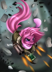 Size: 762x1048 | Tagged: safe, artist:pridark, imported from derpibooru, oc, oc only, battle saddle, bullet, debris, fallout, firing, pipbuck, solo