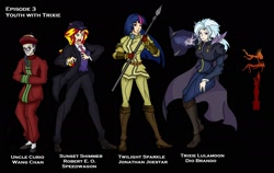 Size: 2200x1388 | Tagged: safe, artist:urusee584, imported from derpibooru, sunset shimmer, trixie, twilight sparkle, uncle curio, vampire, equestria girls, black background, clothes, dio brando, even speedwagon is afraid, humanized, jojo's bizarre adventure, jonathan joestar, male, necktie, phantom blood, robert eo speedwagon, simple background, suit, sunset helper, sweater vest, the implications are horrible, trap, wang chan