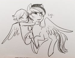 Size: 2758x2142 | Tagged: safe, artist:glacierclear, imported from derpibooru, rainbow dash, human, blushing, hug, human on pony snuggling, monochrome, sketch, snuggling, traditional art, winghug