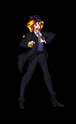 Size: 850x1388 | Tagged: safe, artist:urusee584, imported from derpibooru, sunset shimmer, equestria girls, black background, clothes, context is for the weak, even speedwagon is afraid, female, humanized, jojo's bizarre adventure, necktie, phantom blood, robert eo speedwagon, simple background, solo, suit, sunset helper, sweater vest