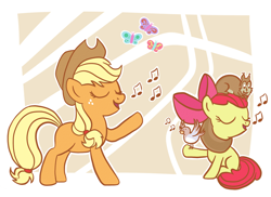 Size: 1372x1000 | Tagged: safe, artist:nawakicz, artist:ruushiicz, imported from derpibooru, apple bloom, applejack, bird, butterfly, missing cutie mark, music notes, open mouth, raised hoof, singing, sisters