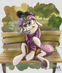 Size: 1024x1195 | Tagged: safe, artist:krecker-cream, imported from derpibooru, sweetie belle, baseball cap, bench, cap, chav, cigarette, clothes, female, hat, magic, sitting, smoking, solo, sweater, underhoof