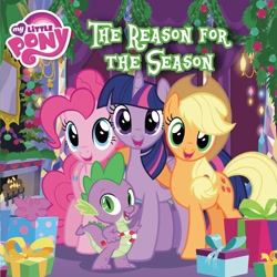 Size: 1024x1026 | Tagged: safe, imported from derpibooru, applejack, pinkie pie, spike, twilight sparkle, alicorn, pony, book cover, candy, candy cane, cover, food, present, twilight sparkle (alicorn)