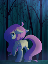 Size: 1500x2000 | Tagged: safe, artist:gnidagovnida, imported from derpibooru, fluttershy, pegasus, pony, butt, featureless crotch, female, floppy ears, forest, plot, solo