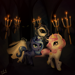 Size: 1000x1000 | Tagged: safe, artist:yuntaoxd, imported from derpibooru, princess celestia, princess luna, candle, candlelight, castle, castle of the royal pony sisters, cewestia, crossover, cute, female, filly, filly celestia, filly luna, hall of hooves, hallway, levitation, looking back, magic, open mouth, phantom of the opera, pink-mane celestia, raised hoof, raised leg, smiling, telekinesis, walking, woona, younger