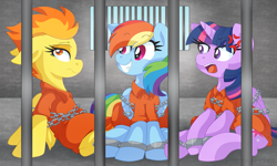 Size: 1935x1159 | Tagged: safe, artist:pearlyiridescence, imported from derpibooru, rainbow dash, spitfire, twilight sparkle, alicorn, pony, bound wings, chains, clothes, cross-popping veins, cuffs, jail, jumpsuit, prison, prison outfit, prisoner, prisoner rd, prisoner ts, squee, twilight sparkle (alicorn)