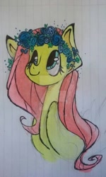 Size: 600x1000 | Tagged: safe, artist:eatmydustjon, imported from derpibooru, fluttershy, bust, female, floral head wreath, folded wings, lined paper, looking up, portrait, solo, traditional art, watermark