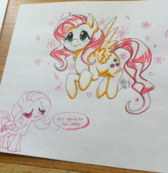 Size: 1024x1056 | Tagged: safe, artist:heavy-weight, artist:trazodoned, imported from derpibooru, fluttershy, duo, floating, looking up, speech bubble, spread wings, traditional art