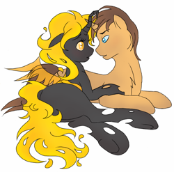 Size: 750x740 | Tagged: artist needed, safe, imported from derpibooru, oc, oc only, oc:aurelia, oc:lonerover, changeling, changeling queen, pony, unicorn, changeling oc, changeling queen oc, female, interspecies, looking at each other, male, straight, yellow changeling