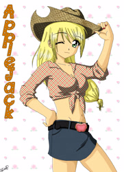 Size: 2000x2764 | Tagged: safe, artist:chibilory, imported from derpibooru, applejack, human, belly button, belt, clothes, cowboy hat, denim skirt, female, front knot midriff, hat, humanized, midriff, skirt, solo, stetson, wink