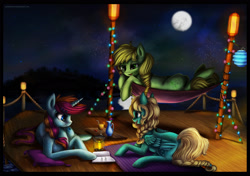 Size: 2600x1830 | Tagged: safe, artist:aschenstern, imported from derpibooru, oc, oc only, balcony, book, commission, drink, hammock, moon, night, prone, stars