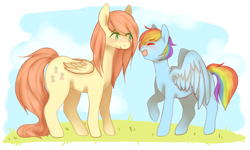 Size: 1280x768 | Tagged: safe, artist:catchomp, imported from derpibooru, fluttershy, rainbow dash, duo, eyes closed, height difference, looking at each other, spread wings