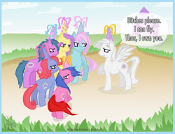 Size: 1100x841 | Tagged: safe, artist:ahr0, imported from derpibooru, princess primrose, princess royal blue, princess serena, princess sparkle, princess starburst, princess tiffany, earth pony, pegasus, unicorn, bitch, bitch please, g1, g1 to g4, g4, generation leap, racism, vulgar