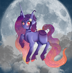 Size: 1600x1642 | Tagged: safe, artist:niniibear, imported from derpibooru, oc, oc only, original species, adoptable, cloud, cute, dark, ear fluff, fluffy, galaxy mane, galaxy pony, hooves, moon, night, solo, space, space pony, sunset, unshorn fetlocks